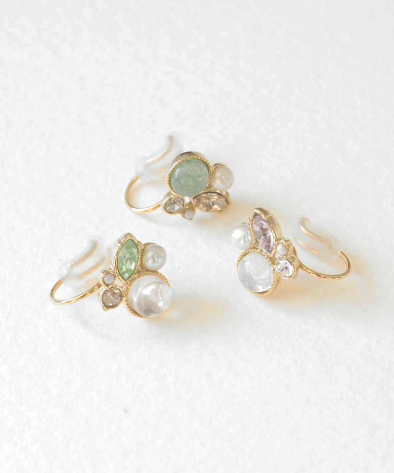 ナチュラルストーンとビジューのノンホールイヤリング【MUK Dreamy stone】