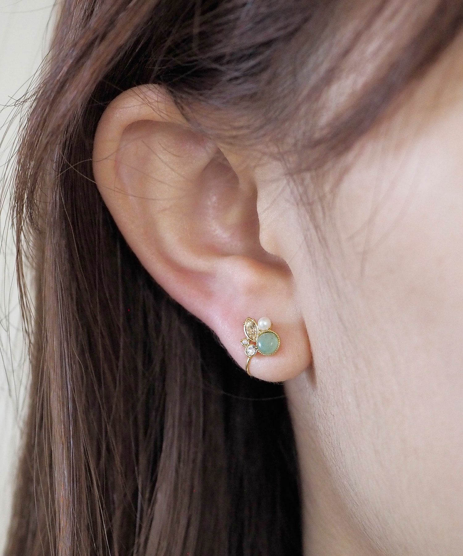 ナチュラルストーンとビジューのノンホールイヤリング【MUK Dreamy stone】