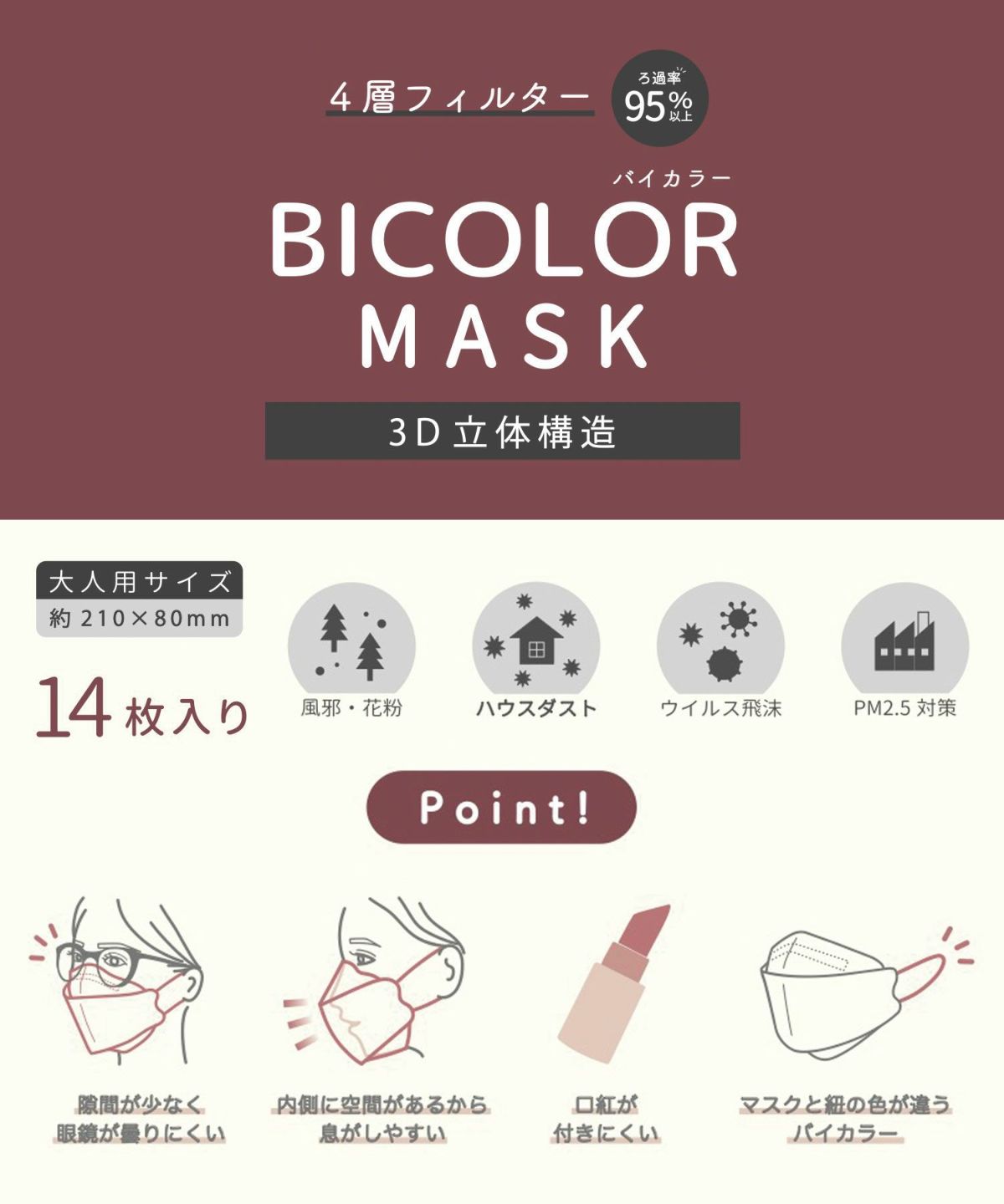 BICOLOR 4層フィルター3D立体構造不織布マスク14枚入