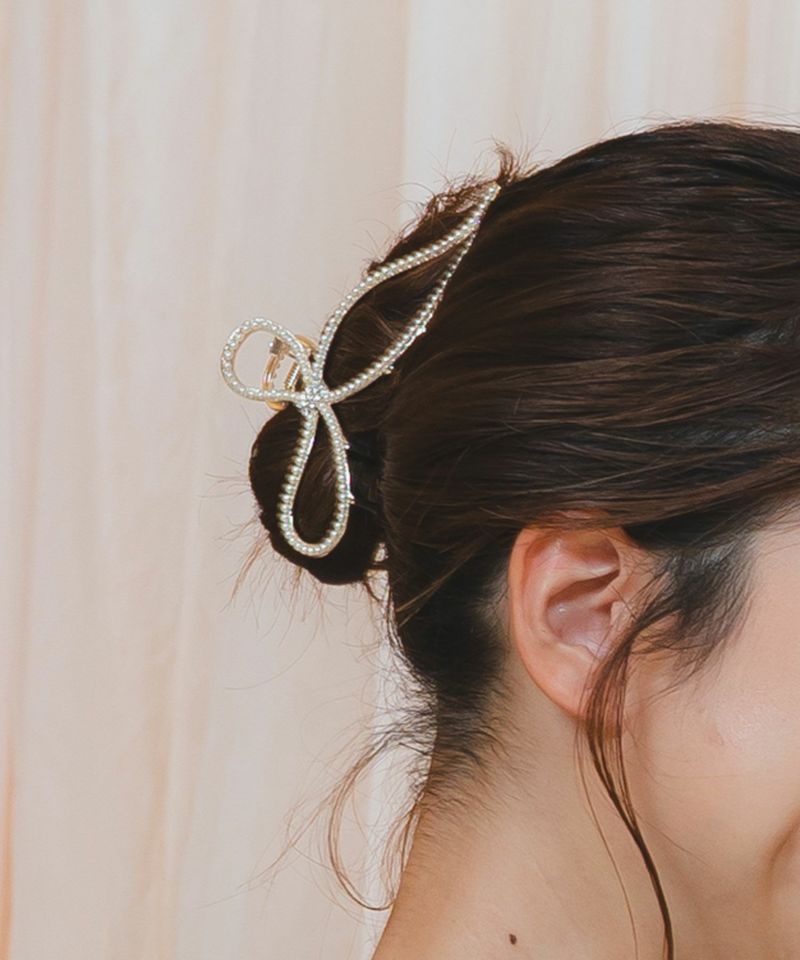 ヘアクリップ 丸けれ メタルパール調リボンコンビ2SETクリップ