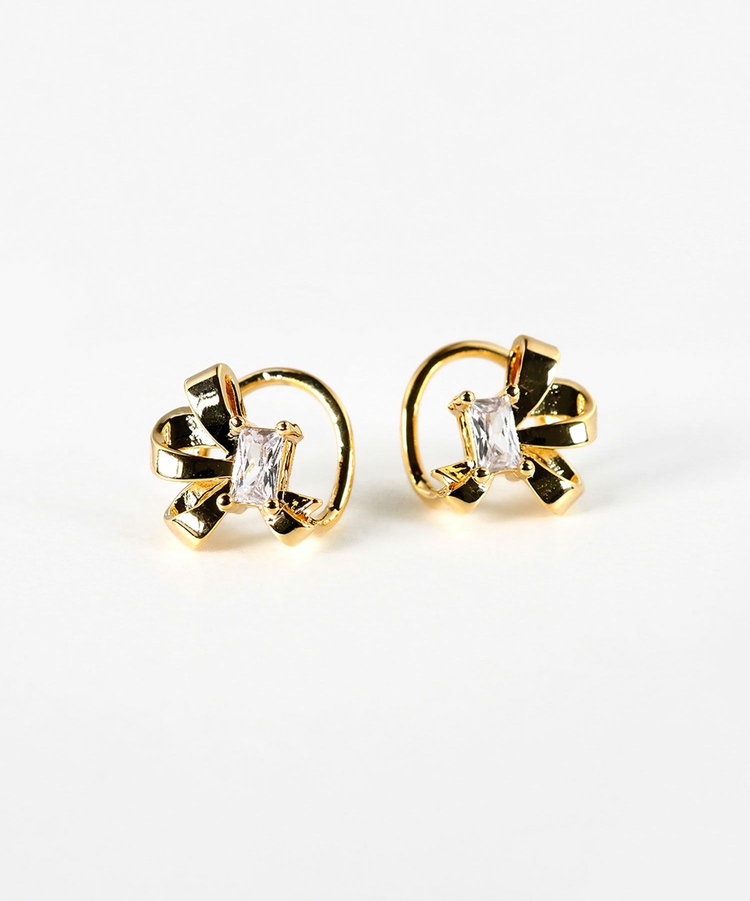 リボンビジューラウンドメタルイヤリング