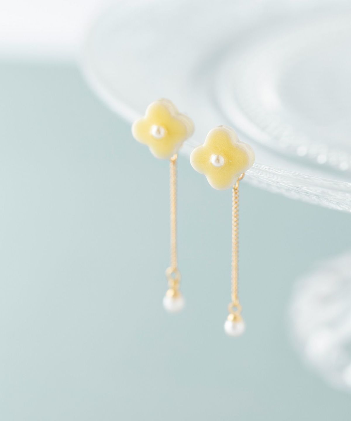 美濃焼陶器小花パール×チェーンイヤリング【MIKELO】