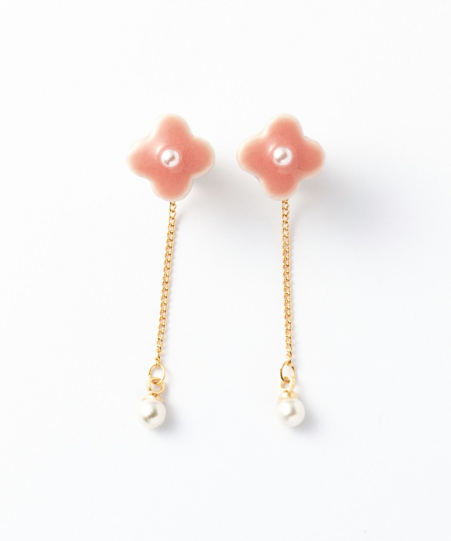 美濃焼陶器小花パール×チェーンイヤリング【MIKELO】