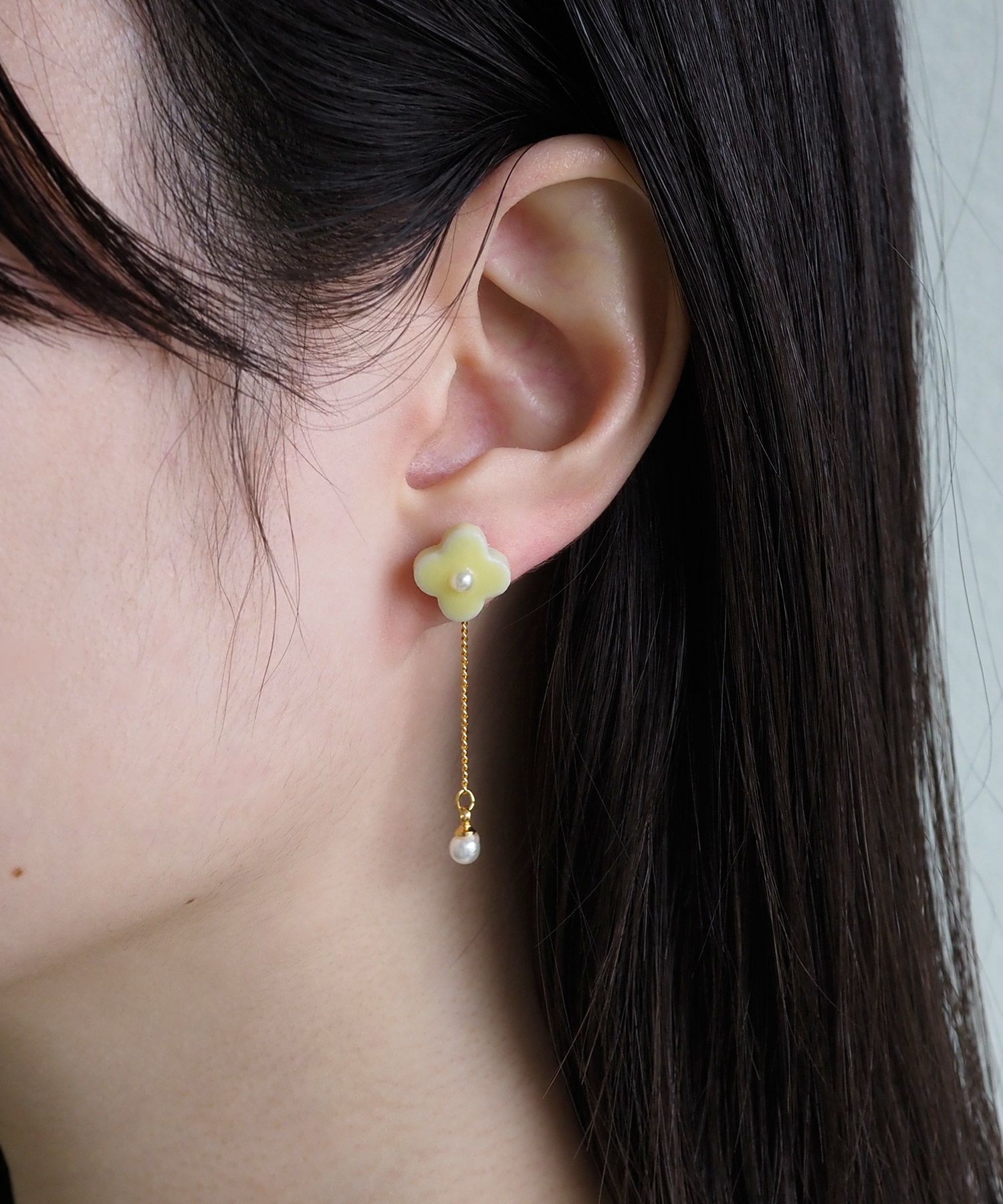 美濃焼陶器小花パール×チェーンチタンポストピアス【MIKELO】