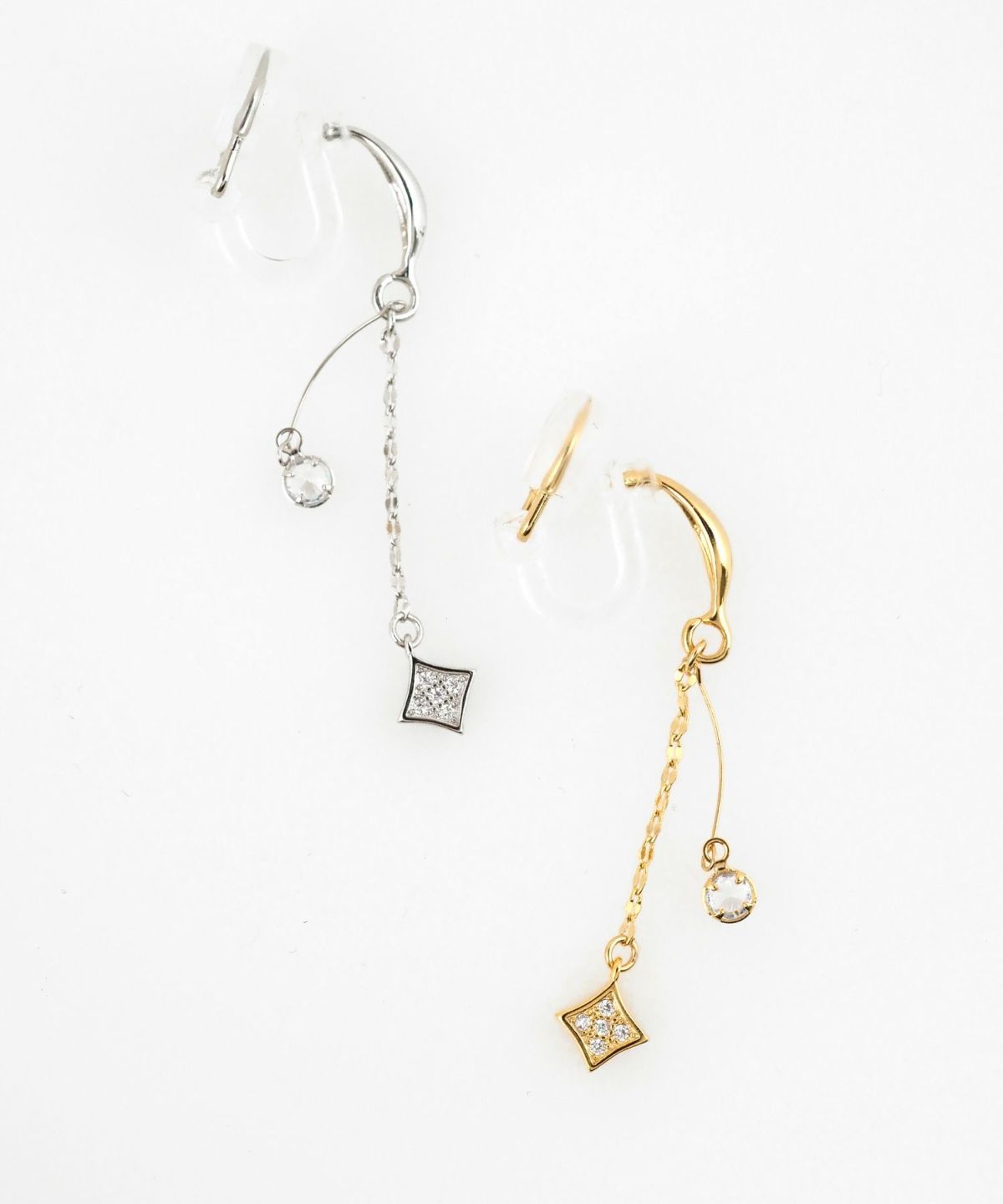 ヒシ型チェーンアクリアクリップイヤリング