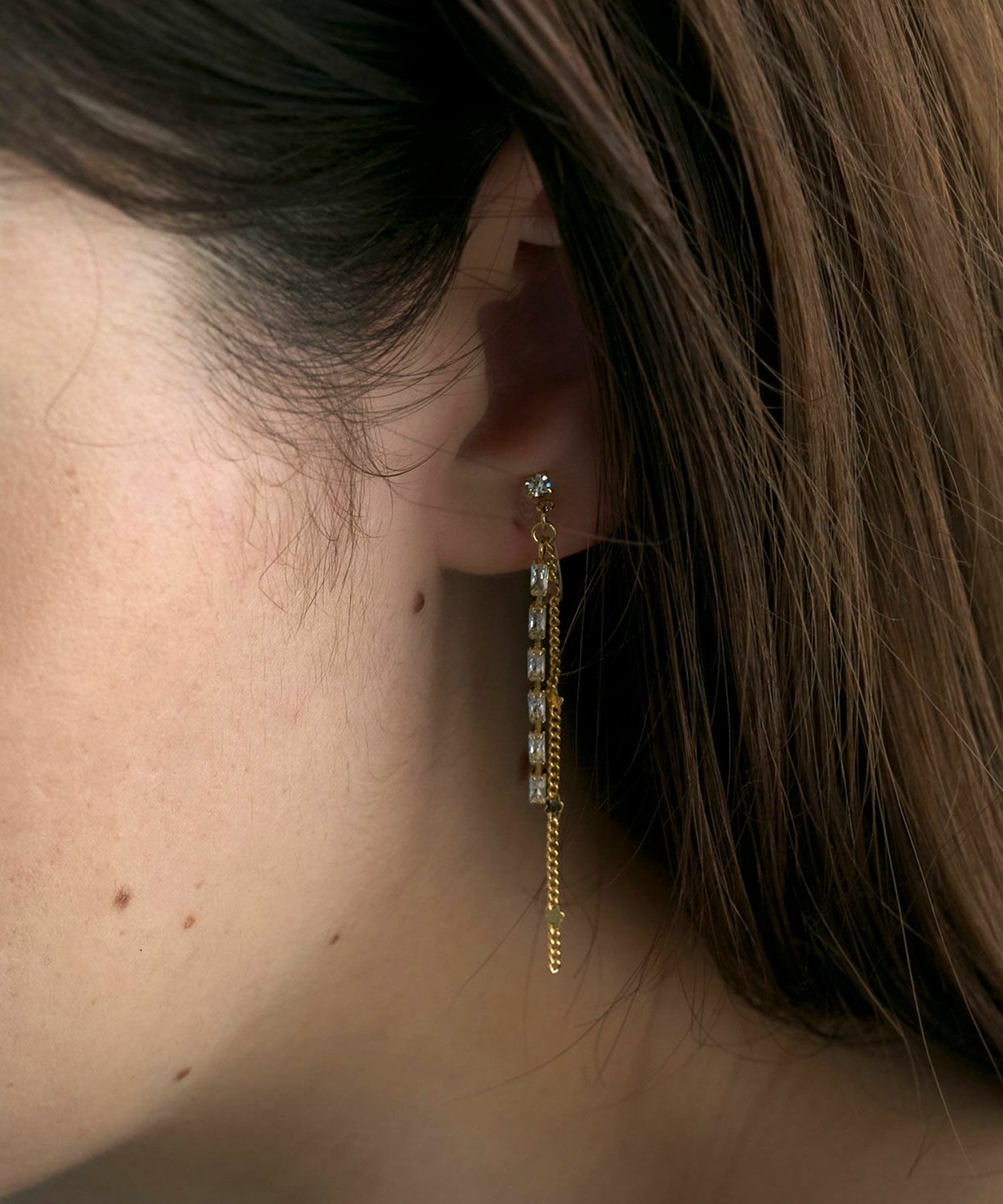 チェーンラインストーンアクリアクリップイヤリング