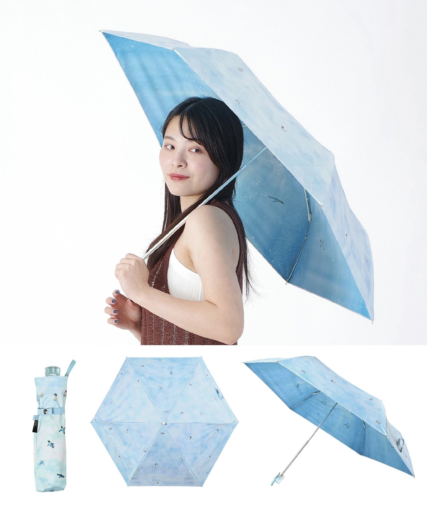 遮光２サイドペンギンミニ折りたたみ晴雨兼用日傘