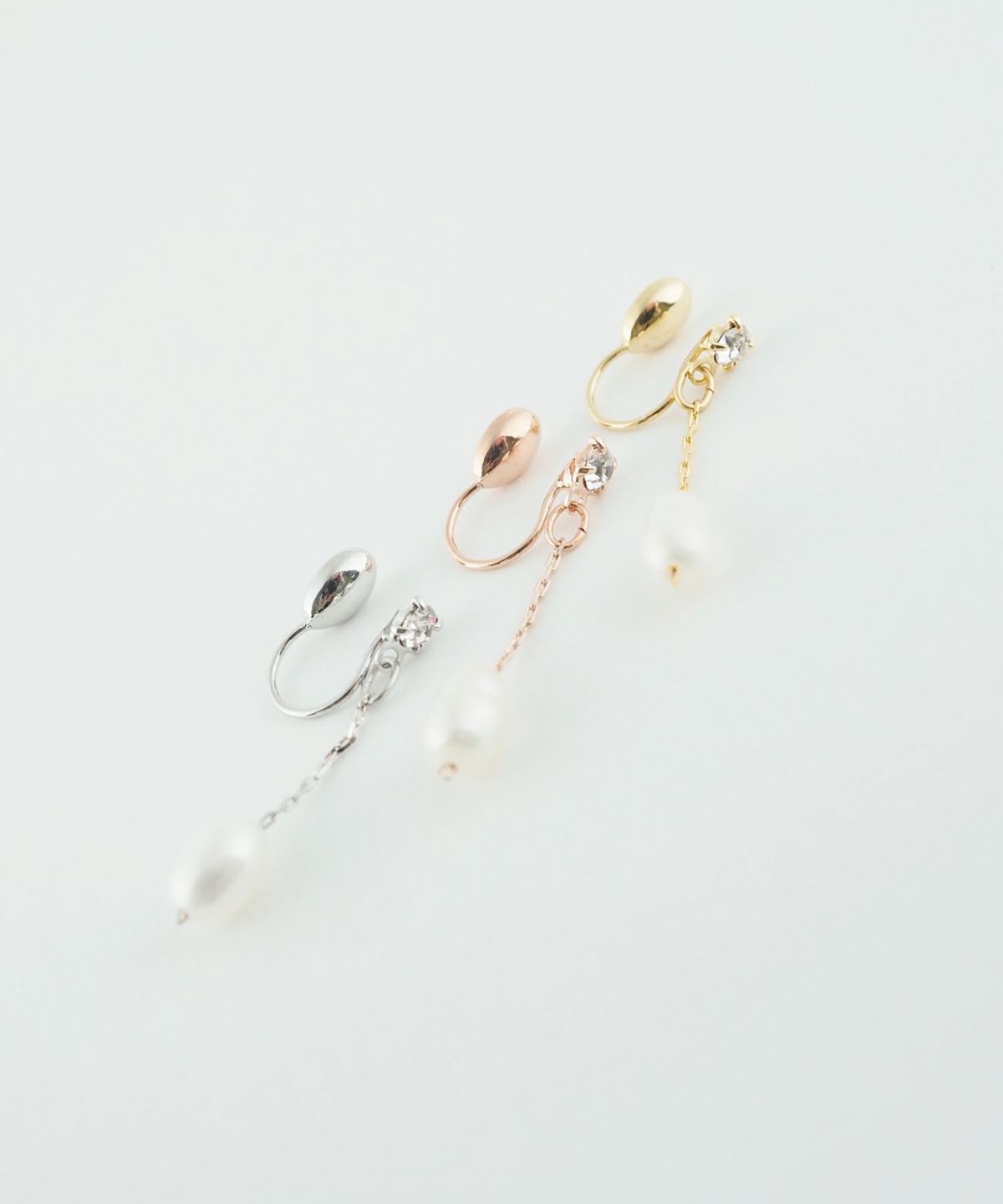 オーバル淡水パールチェーンノンホールイヤリング