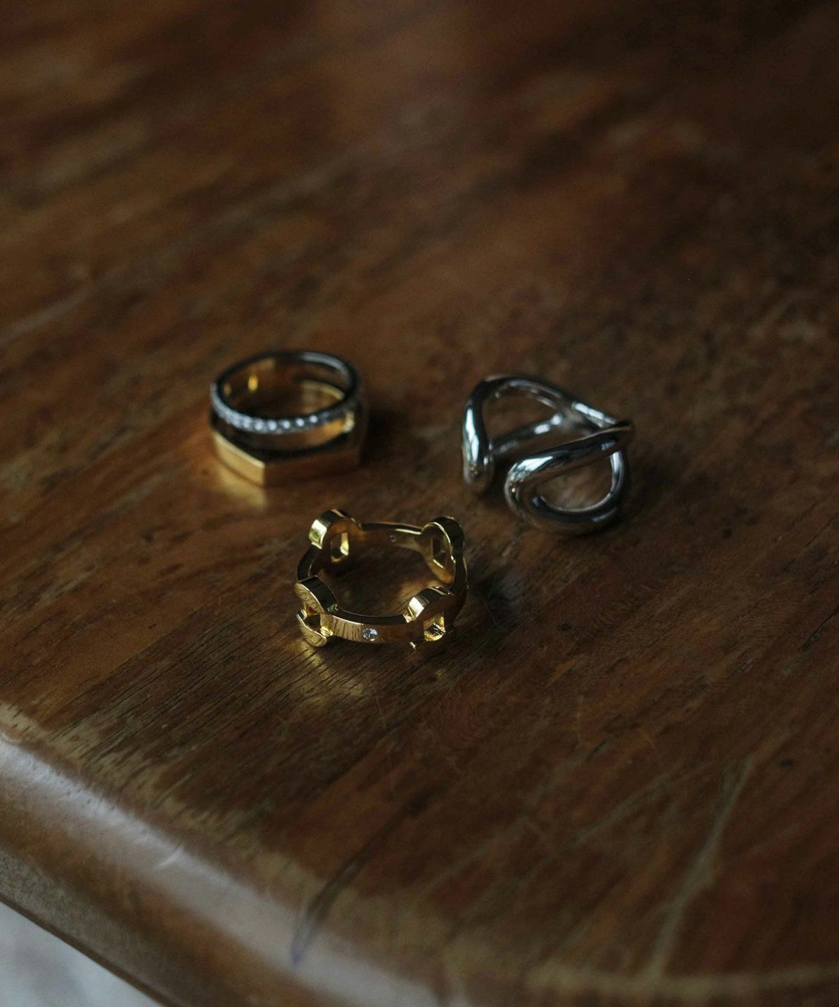 CZ×プレートダブルラインリング【over size ring collection】