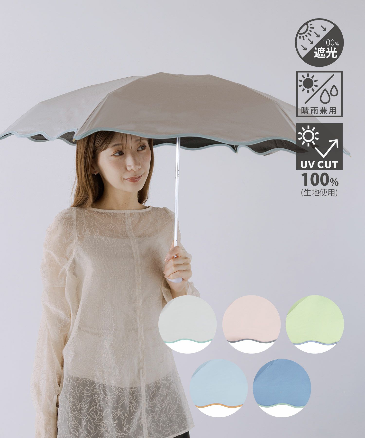 遮光ウェーブパイピングパラソル 折りたたみ晴雨兼用日傘