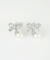 ラインストーンリボンパールイヤリング