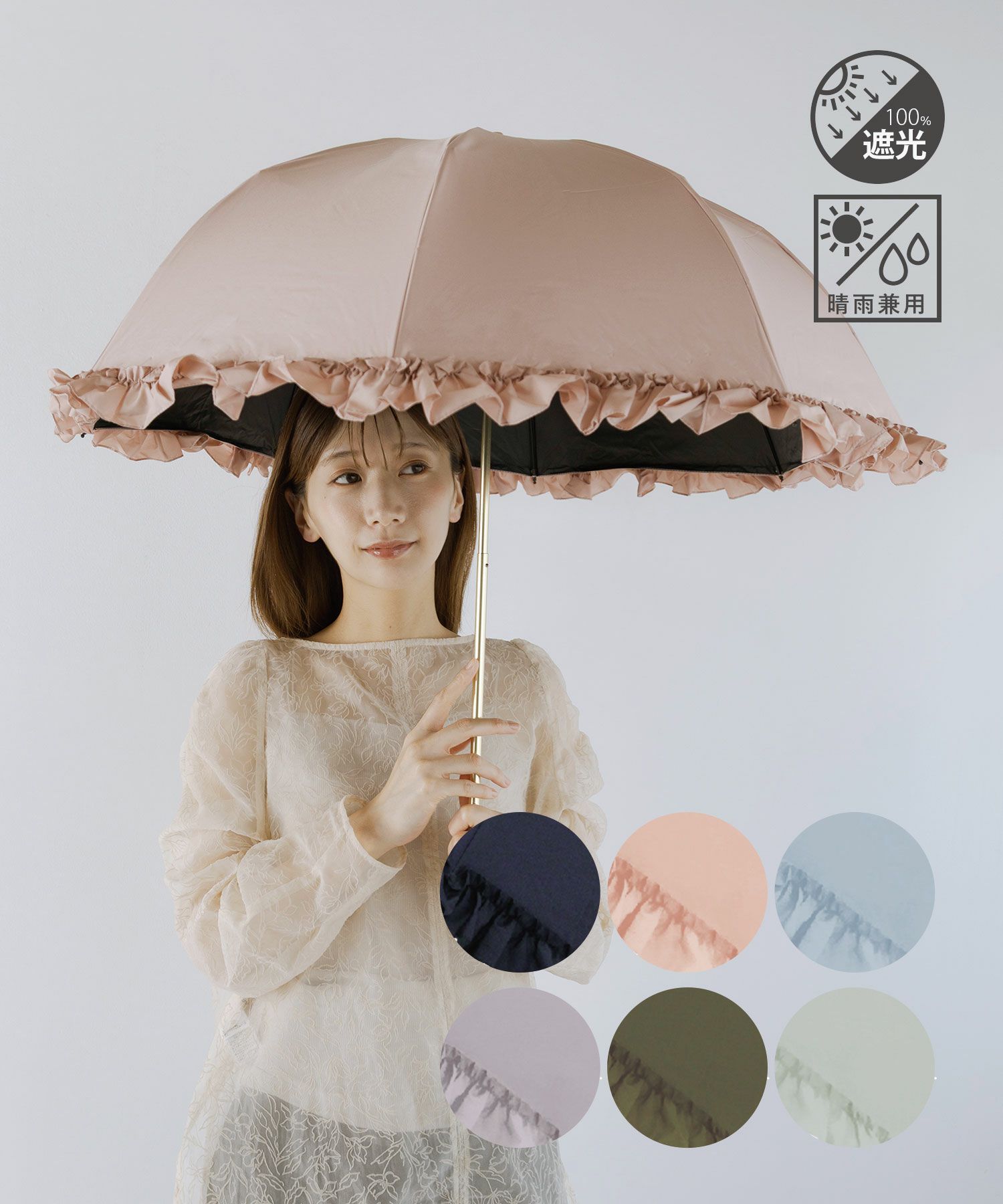 完全遮光100まるい2段折りたたみ晴雨兼用日傘フリル