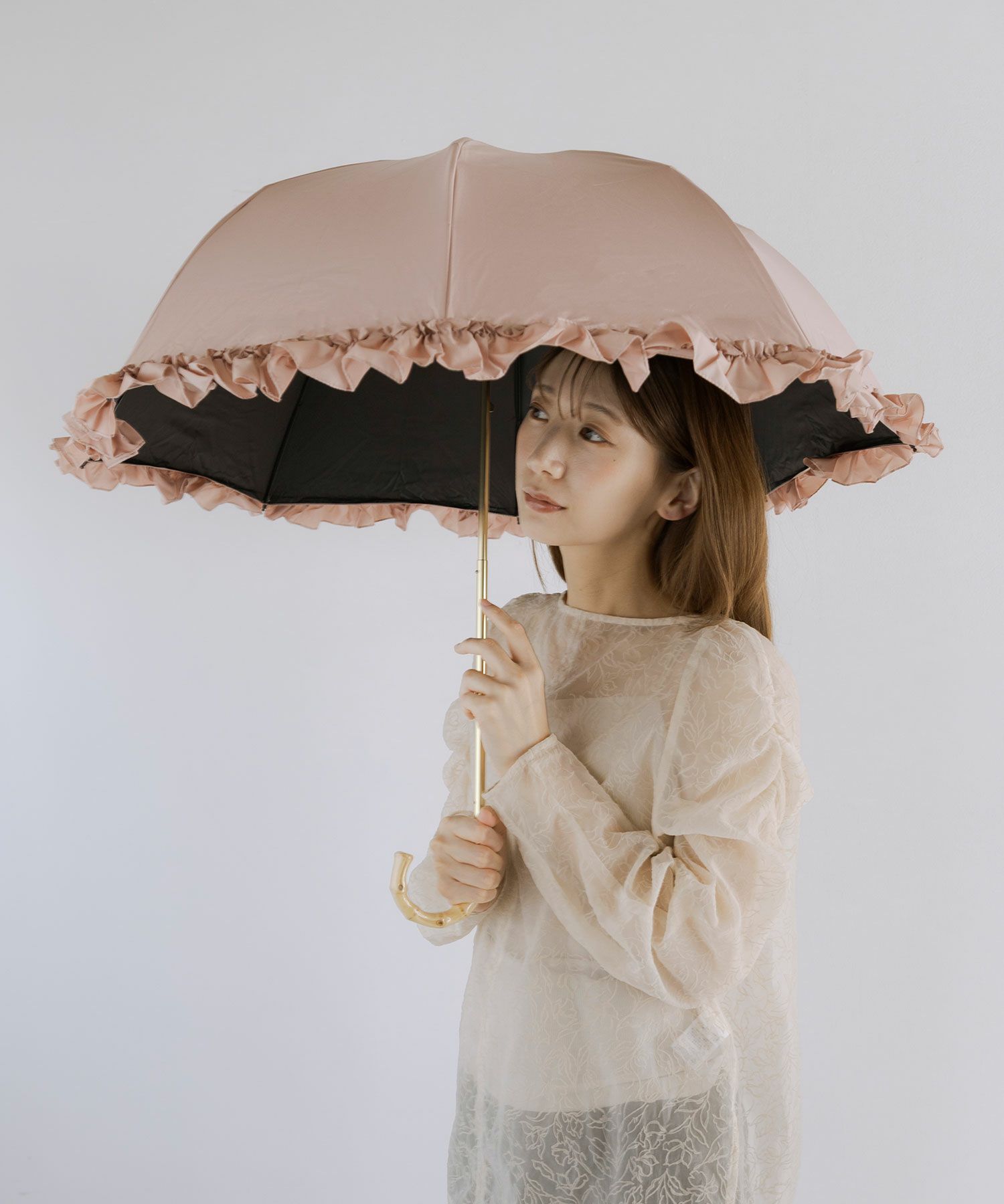 完全遮光100まるい2段折りたたみ晴雨兼用日傘フリル