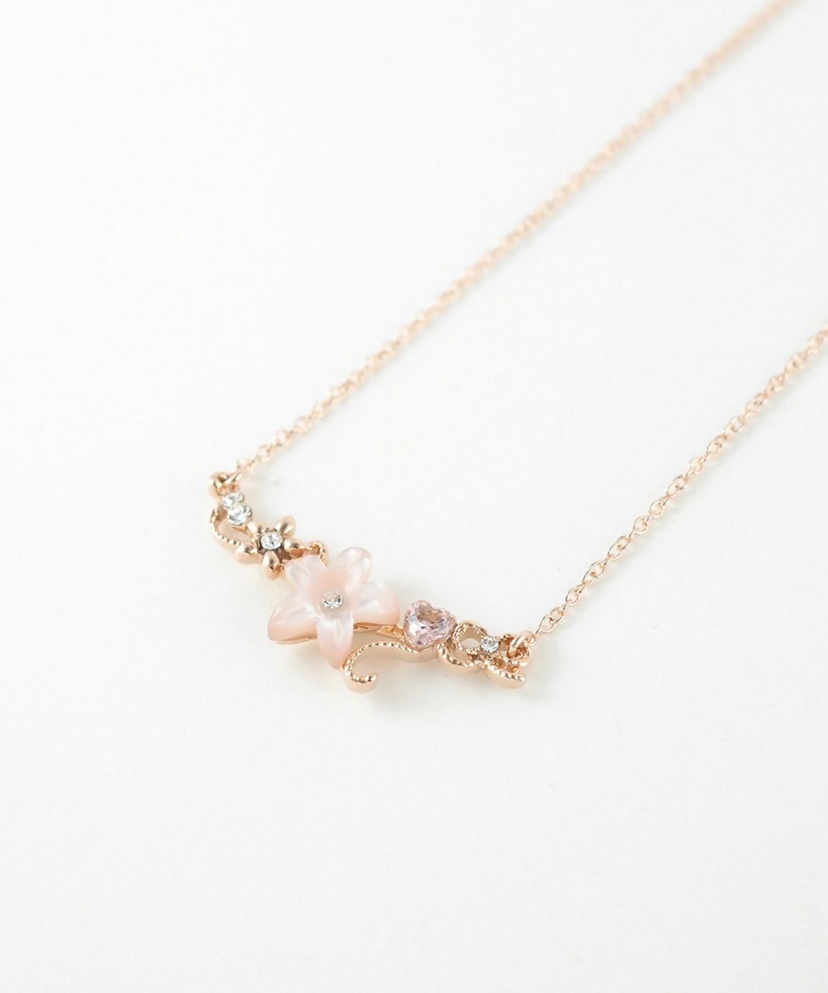 ピンク蝶貝フラワーハートラインネックレス