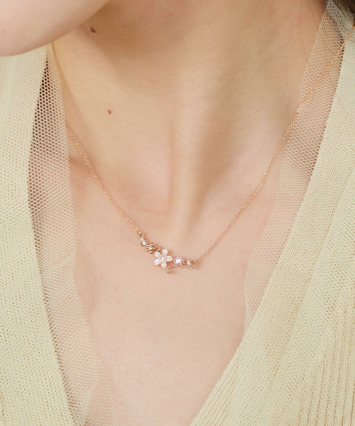 ピンク蝶貝フラワーハートラインネックレス