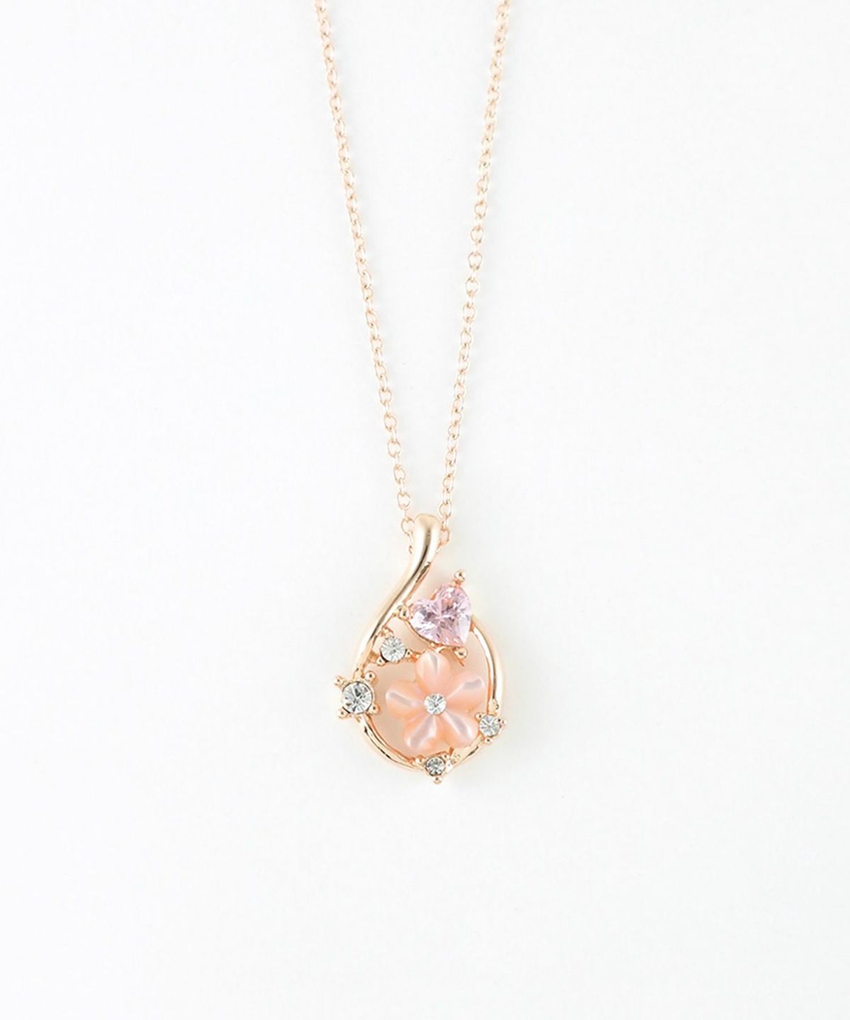 ピンク蝶貝フラワーハートドロップネックレス