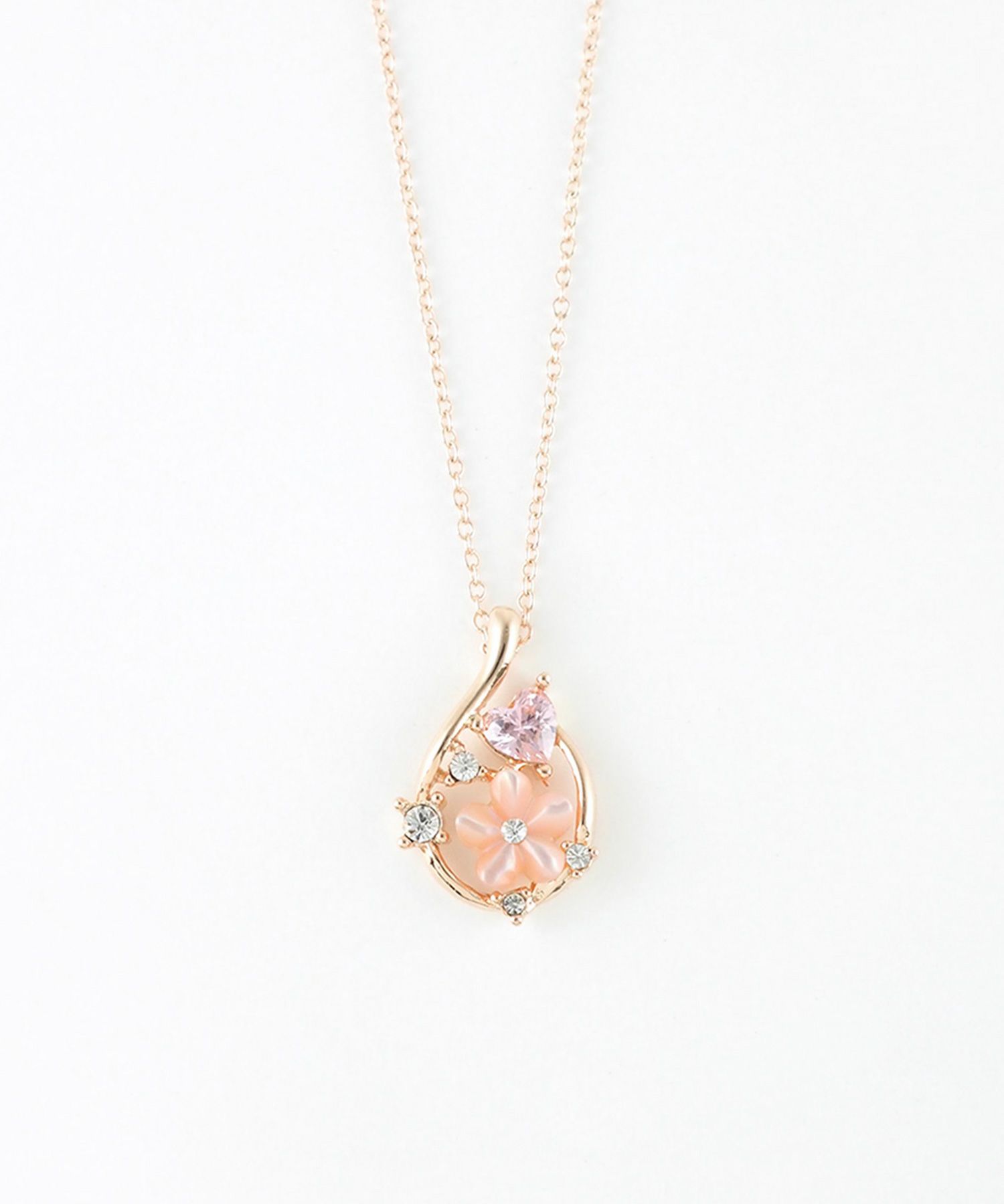 ピンク蝶貝フラワーハートドロップネックレス