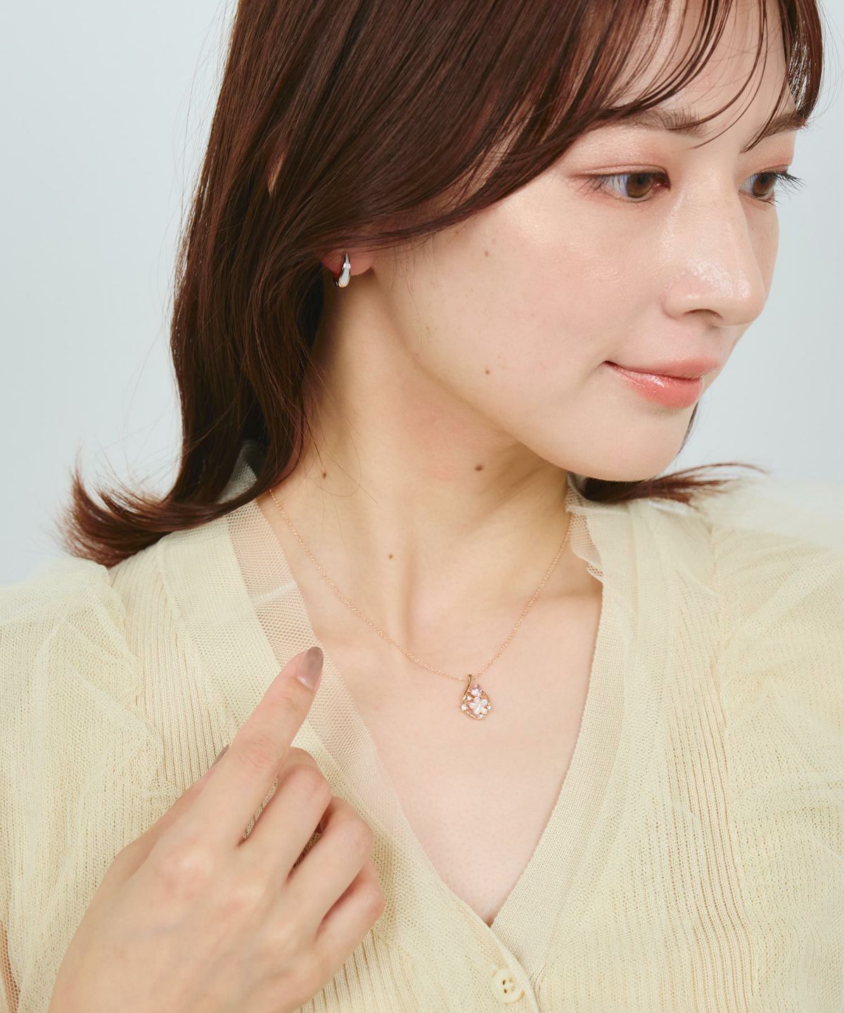 ピンク蝶貝フラワーハートドロップネックレス