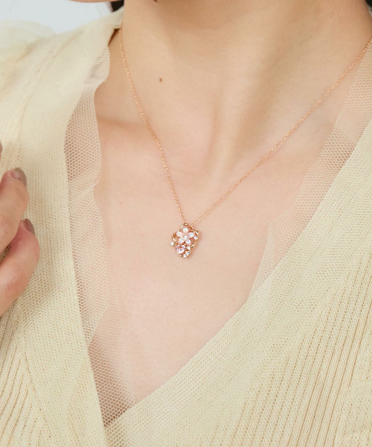 ピンク蝶貝フラワーハートニュアンスネックレス