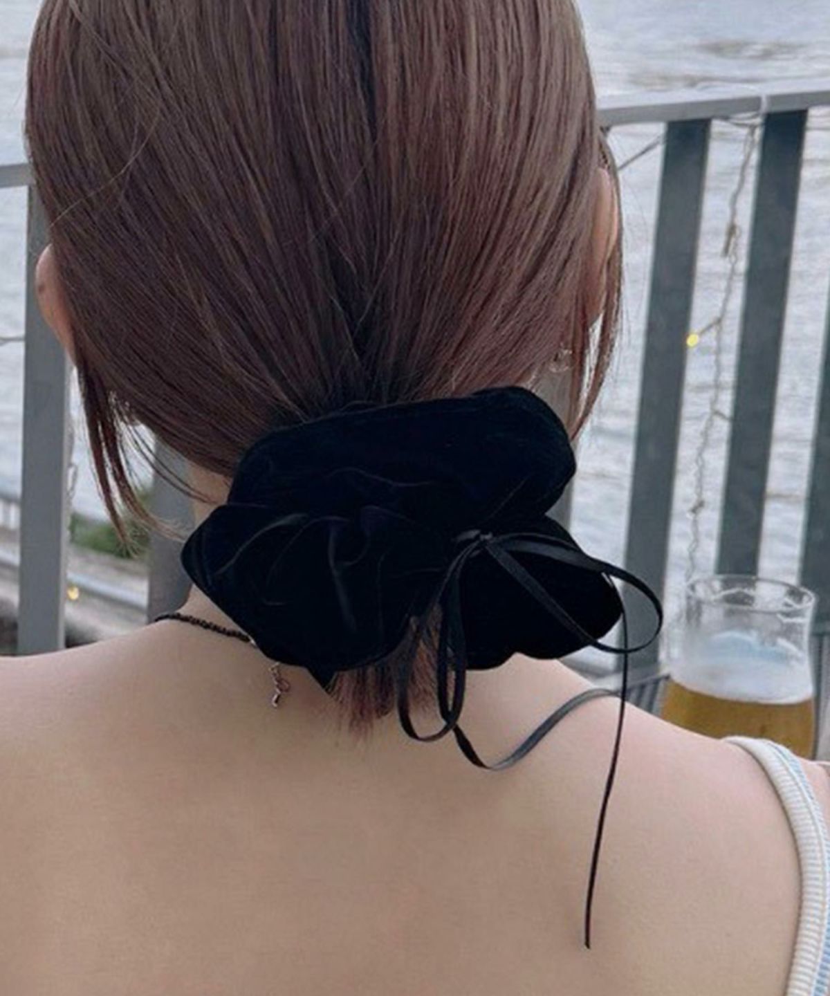 スリムリボン付きベロアシュシュ【Grace】