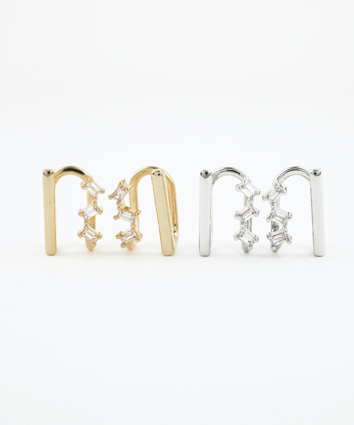 バゲットジルコニア＆バーラウンドメタルイヤリング